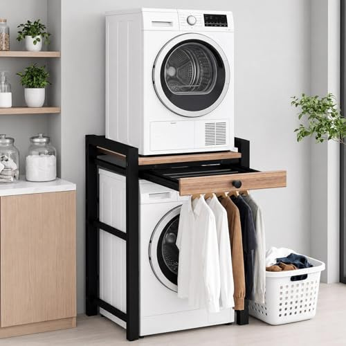 Meuble Machine à Laver avec Tablette, Meuble Lave Linge Seche Linge Superposé, Etagere Machine a Laver, Sans perçage, Armoire en Bois et MéTal, Capacité de Charge de 350 Kg Noir