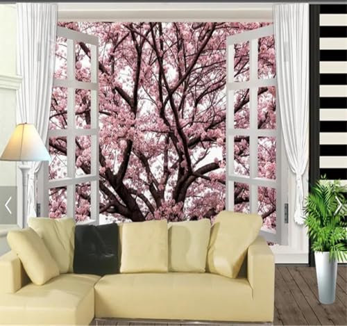 Window Curtains Trees Pink Flowers 3D Wallpaper Easy Install Feature Office Living Room Sofa Bedroom TV Background Wall Decoration-150cm×105cm