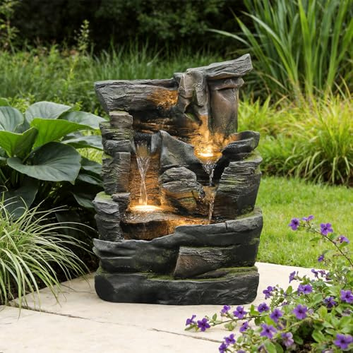 Sunlinua Grey Outdoor Water Feature – 5-Tier Cascading Resin Rock Waterfall with LED Lights for Garden, Patio, Backyard, or Porch, 60 cm H