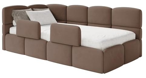 Selsey Jugendbett 120x200cm Braun gepolstert mit Stauraum und Lattenrost, Polsterbett Kinderbett mit 2 Schutzbarrieren, Jugendbett linksseitig mit Bettkasten, Bett 120x200 für Kinderzimmer