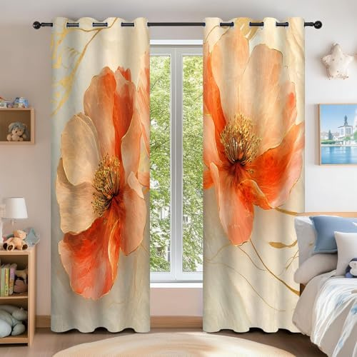 Vorhänge Orangefarbene Blüten Blickdicht Gardinen Mit Ösen,Beige Modern Prägnant Niedlich Verdunklungsvorhänge für Wohnzimmer Kinderzimmer Jugendzimmer