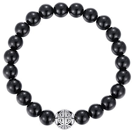 MetJakt Natürliche 8 mm Edelsteine Heilung Crystal Stretch Perlen Armband Armreif mit 925 Sterling Silber Double Happiness Anhänger (schwarzer Achat)