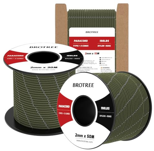 Brotree 2mm Paracord 3 Strands 50M 100% Nylon Rope Parachute Cord for Outdoor, Craft, DIY - 90kg Breaking Load (Reflective Army Green)