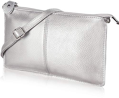 befen Echtleder Damen Umhängetasche Klein Clutch RFID-Blockierung Handtasche Damen Leder Crossbody Bag mit Reißverschluss und Schultergurt & Handgelenkband,Silber