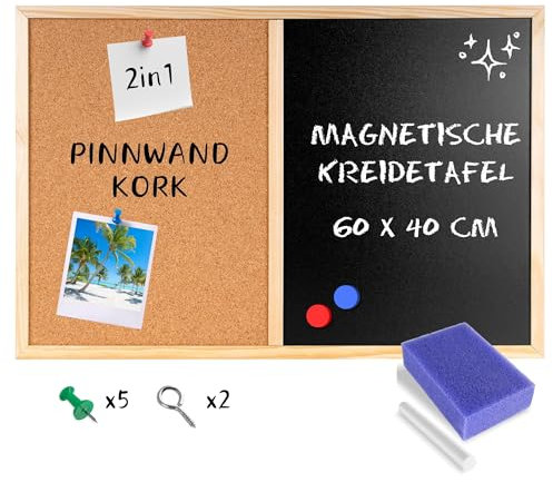 Creative Home 2in1 Kombitafel 60 x 40 cm | Pinnwand Magnettafel Kork & Kreidetafel Magnetisch | Schwarz Tafel mit 5 Stiften & Magneten, Kreide, Schwamm | Küche Korkwand Wandtafel Blackboard Pinwand