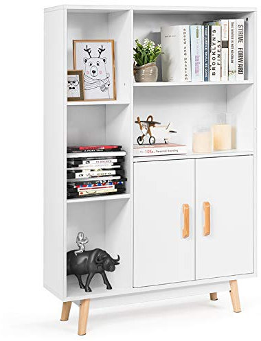 GOPLUS Seitenschrank mit Doppeltüren & 3 Einlegeböden & 4 Beinen, Freistehendes Holzregal, Bücherregal für Studierzimmer, Wohnzimmer, Badezimmer, Kommode aus Massivholz mit Ablage, 80x24x119cm