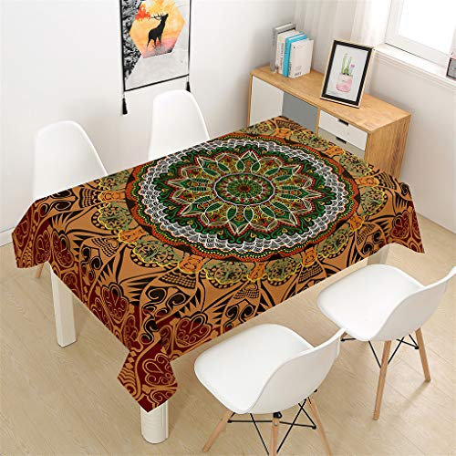Rectangular Linen Waterproof Tablecloth, Bohemia Indian Ethnic Exotic Style Red Blue Green Yellow Table Cover, Decorative for Party Banquet Garden Outdoor or Indoor Tapestry (Color 4,90x90 cm)