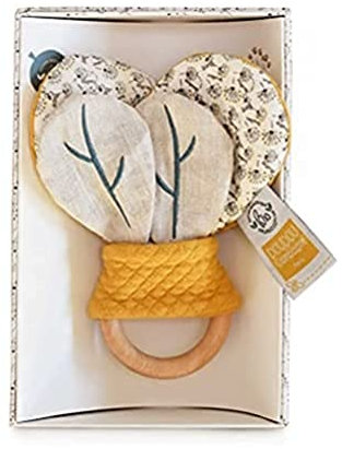 DOUDOU ET COMPAGNIE - Hochet en Bois - Collection Pollen l'Abeille Bio - Doudou avec Papier Craquant - Boite Cadeau - 16 cm - Couleurs Jaune et Beige - Parfait Cadeau dès la Naissance - DC3845