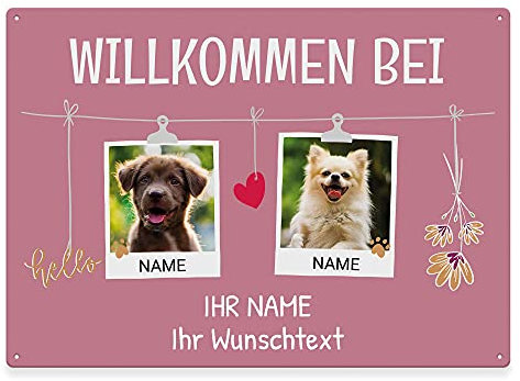 Hunde Schild personalisiert - Willkommen bei - Metallschild mit Foto und Name für außen, wetterfestes Türschild für Hundebesitzer - ca. DIN A4-28 x 20 cm, zwei Tiere, rosa
