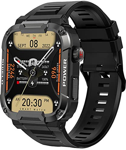 Smartwatch Militär Herren Uhr mit Telefonfunktion,Gesundheitsuhr mit Blutdruckmessung Outdoor Sportuhr Tactical Watch Sportuhren Schrittzähler Fitnessuhr Smartwatches IP68 Wasserdicht Armbanduhr Uhren