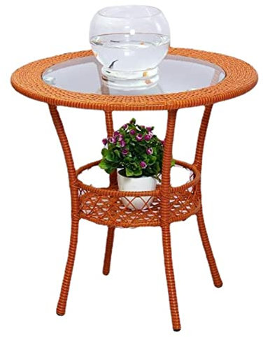 HczioN Table d'appoint en Osier, Tables d'appoint en rotin extérieur, Table Basse de terrasse en Verre trempé, avec étagère de Rangement (Taille : 60 x 60 cm, Couleur : Orange)