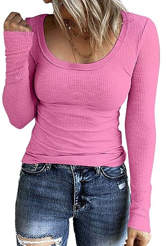 TrendiMax Maglie Donne Manica Lunga Scoop Girocollo Maglia Sexy Maglietta Elegante Jersey Basic T-Shirt Top Rosa Rossa L