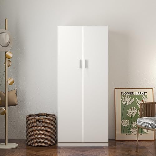 2 Door 1 Storage Shelf Wardrobe with Hanging Rail Wooden Clothes Storage Cupboards Unit for Bedroom Furniture 72 x 49 x 169cm (White)