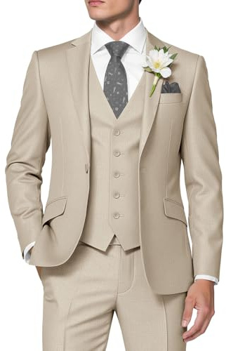 HUUTOE Completo da Uomo in 3 Pezzi, Slim Fit, Abiti da Ballo per Uomo, Abito da Sposa, Giacca Estiva, Giacca, Gilet, Pantaloni, Set Smoking, Beige, XL