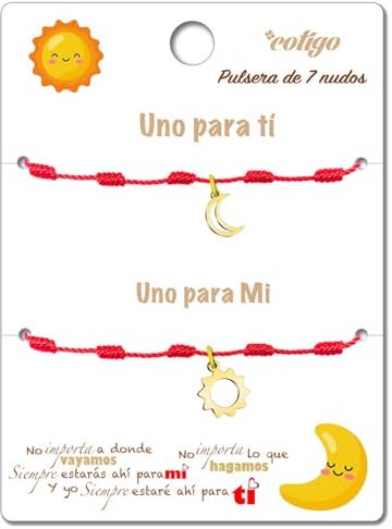 Bracciale Cotigo 7 nodi rosso per regali di coppia - Bracciali per coppie Regali perfetti per San Valentino - Bracciale con filo rosso, portafortuna e protezione (Sole e Luna - D'oro)