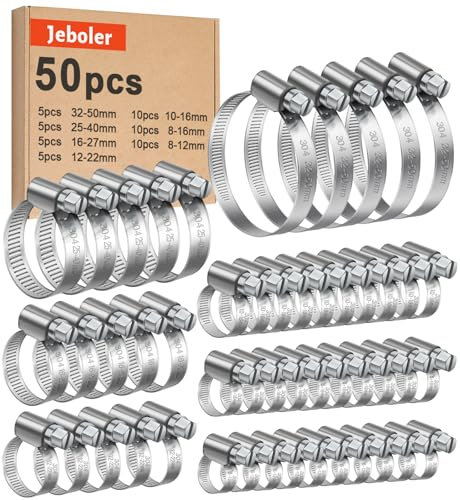 50Pcs 8-50mm Hose Clips Set, Jeboler Small Hose Clamp Adjustable Worm Drive Hose Pipe Clamps, Stainless Steel Pipe Clip Tube Hose Assortment Tube Joining Clips for Pool Fuel Line and Garden - 7 Size