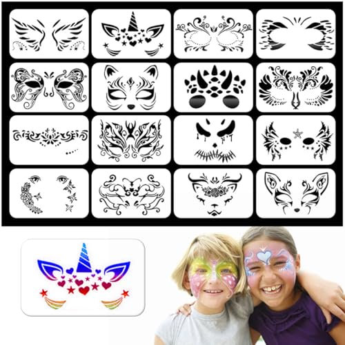 Amacoam Kinderschminken Vorlagen 16 PCS Face Paint Schablonen Wiederverwendbare Face Painting Schablonen Tattoo Vorlagen Facepainting Halloween Makeup Schablone für Kinder Künstler