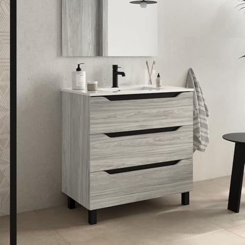 bathme Trio Mueble de Baño con Lavabo 3 Cajones Color Roble Cambrian - Medida: 80 cm 80 cm