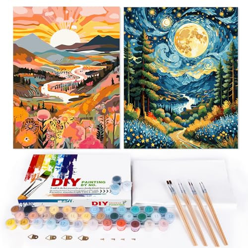 EFOTIML Malen-nach-Zahlen-Set für Erwachsene, Anf?nger und Kinder im Alter von 8–12 Jahren, 40,6 x 50,8 cm, Leinwand für Malsets für Erwachsene, in bunter Box (ohne Rahmen), Sonne und Berg (2 Stück)