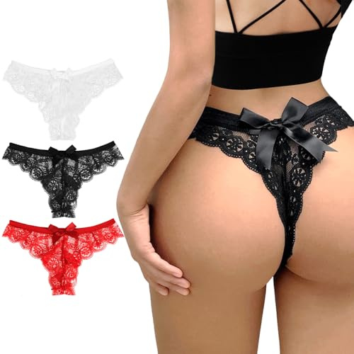 Telooco Women Sexy Panties 3 Pack Lace Bow Thongs Low Waist Panties V-Shape Naughty Cheeky Underwear for Bride