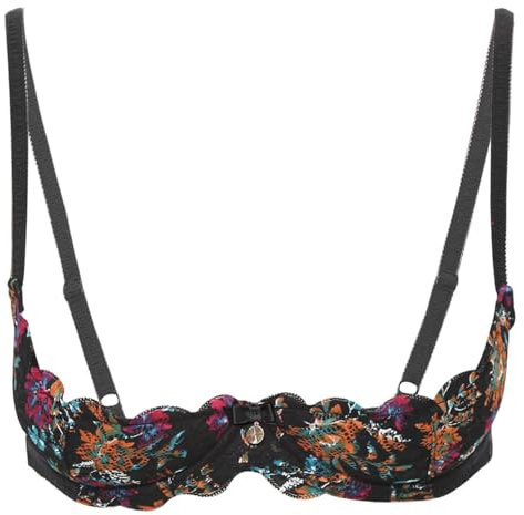 Women's Sexy 1/4 Cup Lace Bra - Underwired Push Up Balconette Bras with 2CM Padded Shelf Floral Lace Low Cut Demi Cup Lingerie for Romantic Date Night Evening Wear (Orange,85B)