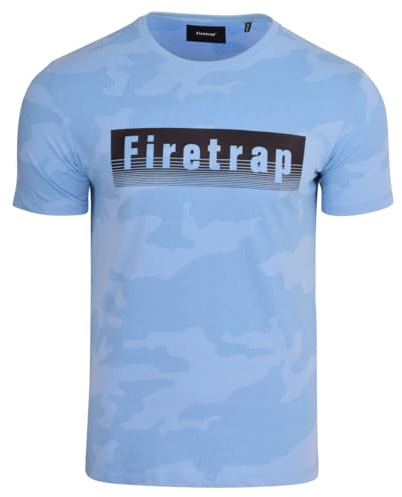 Firetrap Men's Designer Signature Logo Print Short Sleeved Shirt Top Sky Blue S