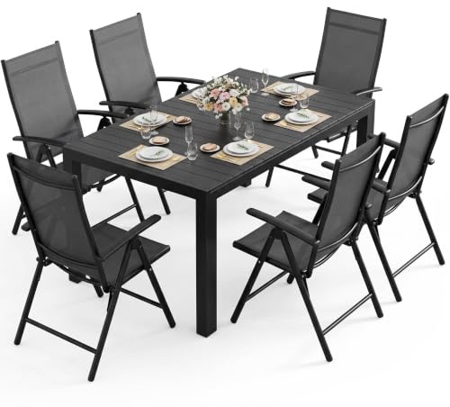 LIFERUN Gartenmöbel Set 6 Stühle mit Tisch Wetterfest, Aluminium-Rahmen | WPC Gartentisch 140x90x75 cm, Verstellbare Hochlehner Klappstühle, Stabiler, Pflegeleicht, Outdoor Essgruppe Sitzgruppe