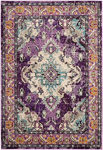 SAFAVIEH Tapis Boho Pour Salon, Salle à manger, Chambre à coucher - Monaco Collection, Tapis à poil court, Violet et bleu clair, 91 X 152 cm
