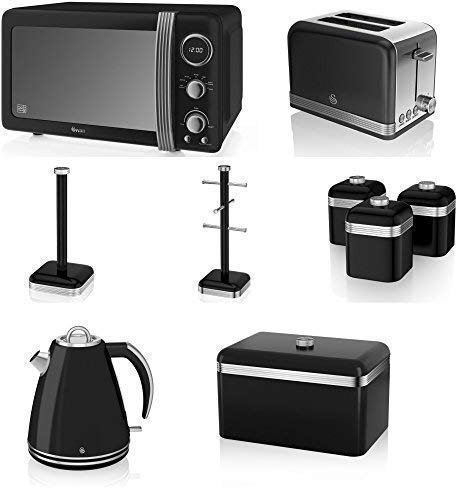 Swan Black Retro Kitchen Appliance Set: 20L Digital Microwave, 1.5L Kettle, 2-Slice Toaster, Bread Bin, 3 Canisters, Towel Pole, Mug Tree - Black