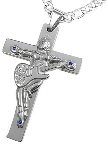 AURSTORE Pendentif Croix Guitare JH, Collier Johnny hallyday, Vendue à Ses Concerts, Parure en Acier Inoxydable avec Cordon en Cuir de 55cm ou chaine Acier 60cm (Pierre Bleu Chaîne Acier)