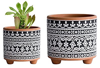 D'vine Dev Lot de 2 Pots de Fleurs en Terre Cuite, 10,2 cm et 15,2 cm, Pot de Fleurs Design avec Trou de Drainage, Dentelle Minuit, Terre Cuite/Noir, 31-953-F-2
