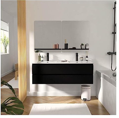 Badezimmermöbel, Doppelwaschtisch, 120 cm, Schwarz Carbon + 2 Spiegel Sorrento