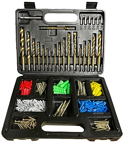 der kleine Handwerker Titan HSS - Juego de brocas de 300 piezas con brocas de metal, brocas para madera, brocas de piedra, fresadora de titanio, tacos, tornillos y portabrocas