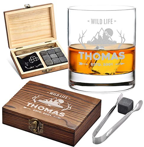 polar-effekt Lot de 5 glaçons - Avec boîte personnalisée et verre à whisky - 9 pierres de refroidissement, 1 boîte en bois, 1 pince et 1 sac en tissu - Réutilisable - Motif Wildlife