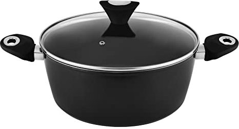 Venga! 28 cm Cooking Pot with Lid, 6.2 L Capacity, Non-Stick Coated, Dishwasher Safe, Turbo-Induction Bottom, Soft-Touch Ergonomic Handles, Black/Silver, VG POT 3002