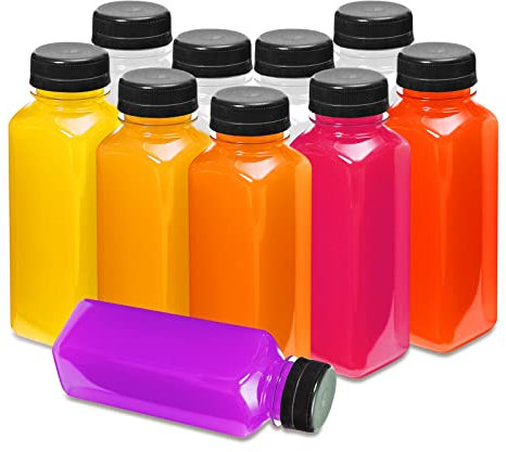 8 OZ Plastic Juice Bottles, Reusable Bulk Beverage Containers, with Black Tamper Evident Lids for Juice, Milk and Other Beverages 10Pcs.