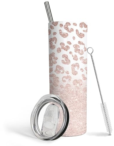 Heqianco Leopard Tumbler for Women With Lid And Straw 20oz Print Tumbler Stainless Steel Insulated Cup Pink Leopard Coffee Travel Mug