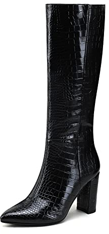Modatope Black Knee High Boots for Women - Chunky Heel Riding Boot With Zipper, Faux Crocodile, Block Heel, Size 7