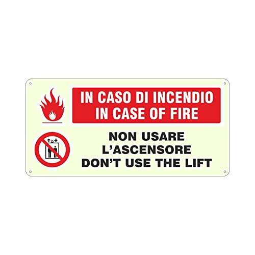 CARTELLO SEGNALETICO LUMINESCENTE - in caso di incendio non usare l'ascensore - Adesivo Luminescente O Pannello Rigido Luminescente (ADESIVO 10X15 CM)