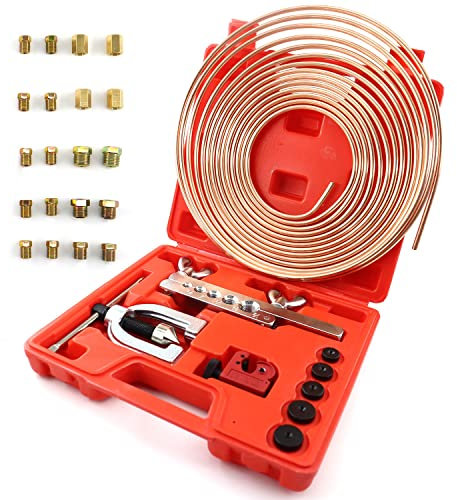 Bremsleitungsschlauch-Set – 7.5 m, 3/16 mm, flexibles Schlauch mit 16 Armaturen und 4 Verbindungsstücken für Bremsleitungen + Doppel- und Einzel-Bördelwerkzeug-Set mit zusätzlichen Adaptern, 45 Grad