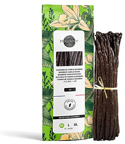 Mavany - 5 Gousses de VANILLE BOURBON DE MADAGASCAR - Sélection de qualité gourmet pour la pâtisserie/cuisine - Taille M 14 à 16 cm - Sachet fraîcheur refermable