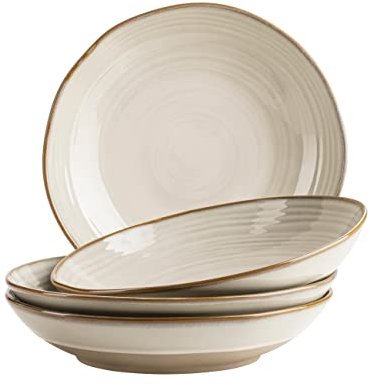 MÄSER Nottingham Lot de 4 assiettes creuses avec jeu de lignes en filigrane et glaçure élégante, grandes assiettes creuses pour pâtes et soupes en céramique au look vintage moderne, grès, beige