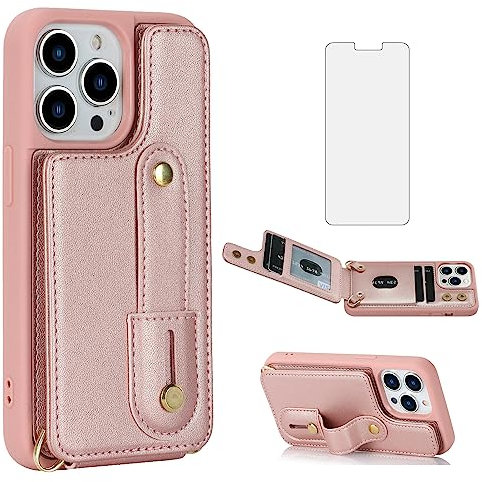 Asuwish Phone Case for iPhone 12 Pro iPhone12 6.1 Wallet Cover with Screen Protector and RFID Blocking Card Holder Crossbody Strap Lanyard Leather Cell iPhone12pro 5G i 12s 12pro Women Men Rose Gold