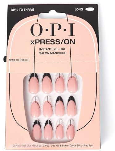 OPI xPRESS/ON My 9 To Thrive - Black Nail Art Long Almond French Tip Press On Nails - With Nail Glue - Long Lasting, Reusable & Non-Damaging French Tip False Nails