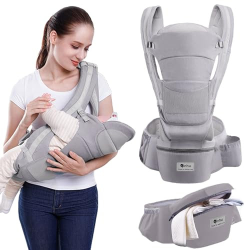 Lohofrnny Porte Bébé, Siège de Hanche Multifonction pour Porte Bebe de 0 à 36 mois, Porte-bébé ergonomique avec Siège de Hanche/Pur coton, Toutes Saisons, Charge Maximale 25 kg (Gris#B)