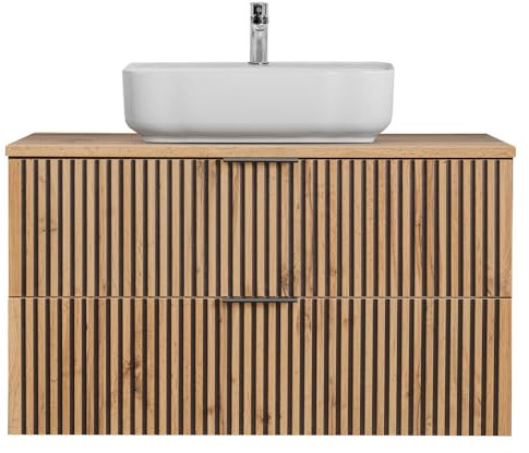 Lomadox Badmöbel Set Waschtisch anthrazit Eiche Nb. schwarz gerillt Unterschrank 100 cm Keramik Waschbecken Aufsatzwaschbecken B/H/T 100,6/73,2/46,5 cm