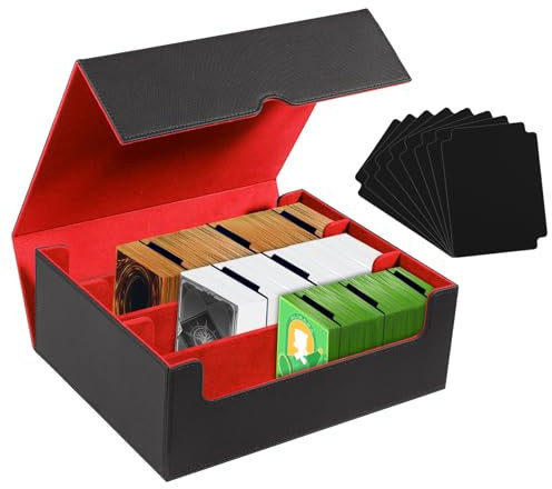 Magnetic Commander Card Deck Box for MTG Cards–PU Leather Card Storage Box with Strong Magnet,Holds 1800+Sleeved Cards,3-Row TCG Card Storage for MTG Commander Deck Box,Includes 8 Dividers(Black-Red)