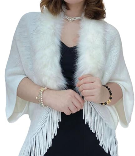 Tseonmis Strick-Umhang mit Fransen und Pelzkragen, gestrickter, lockerer, verdickter Schal für Damen, Winter-Strickschal mit Fransen und Pelzkragen, Tücher und Wickel für Abendkleider (White)