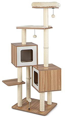 COSTWAY 163cm Kratzbaum Holz, 6-stöckiger Katzenbaum Groß, Katzenkratzbaum mit 2 Höhlen & 2 Matten & 3 Spielbällen, Kletterbaum für Hauskatzen, Katzenmöbel Katzen Aktivitätsbaum, Beige+Natur