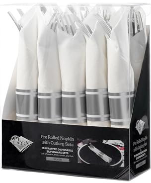 DECORLINE Ménagères 10 pièces - élégante en plastique réutilisables avec serviette pré-roulée avec couverts argentés : 10 fourchettes, 10 couteaux, 10 cuillères, 10 serviettes, 10 ronds en papier